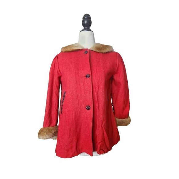 Wool Fur Trim Vintage Red Coat - Picture 1 of 4